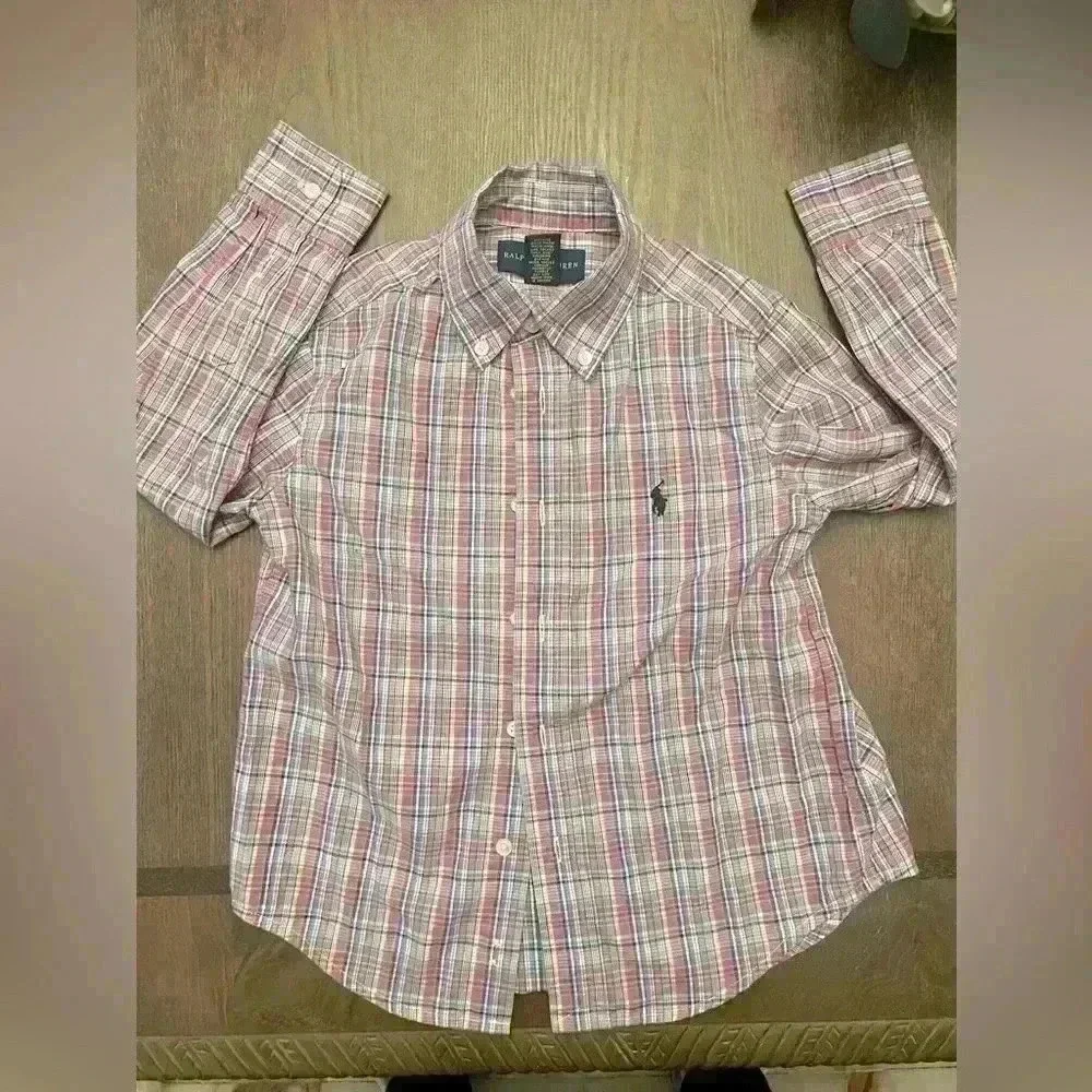 RALPH LAUREN pink striped button OXFORD preppy dress shirt 4/4T Blue Fall